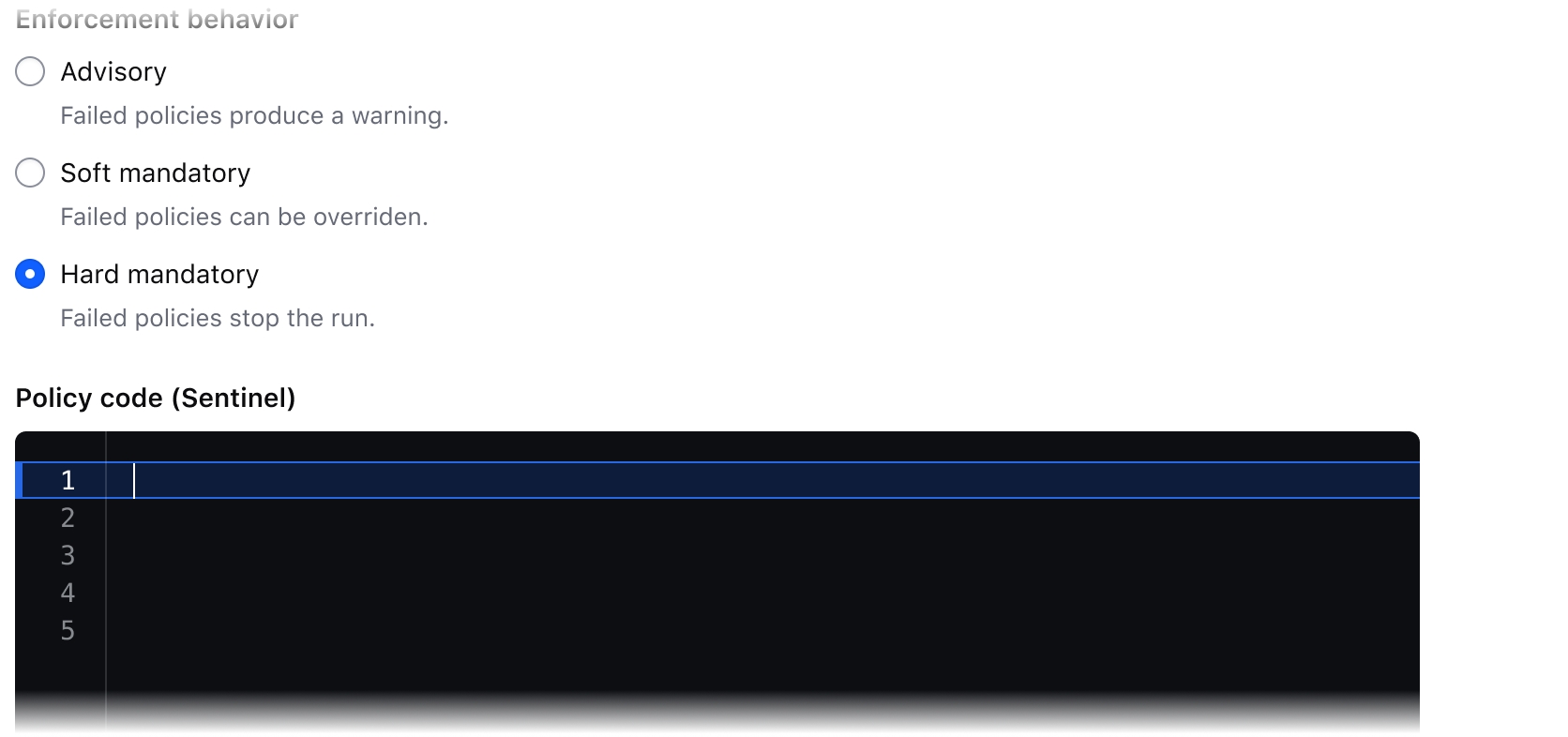 A Code Editor embedded in a form following a set of radio buttons. It has the heading “Policy code (Sentinel)” immediately before.